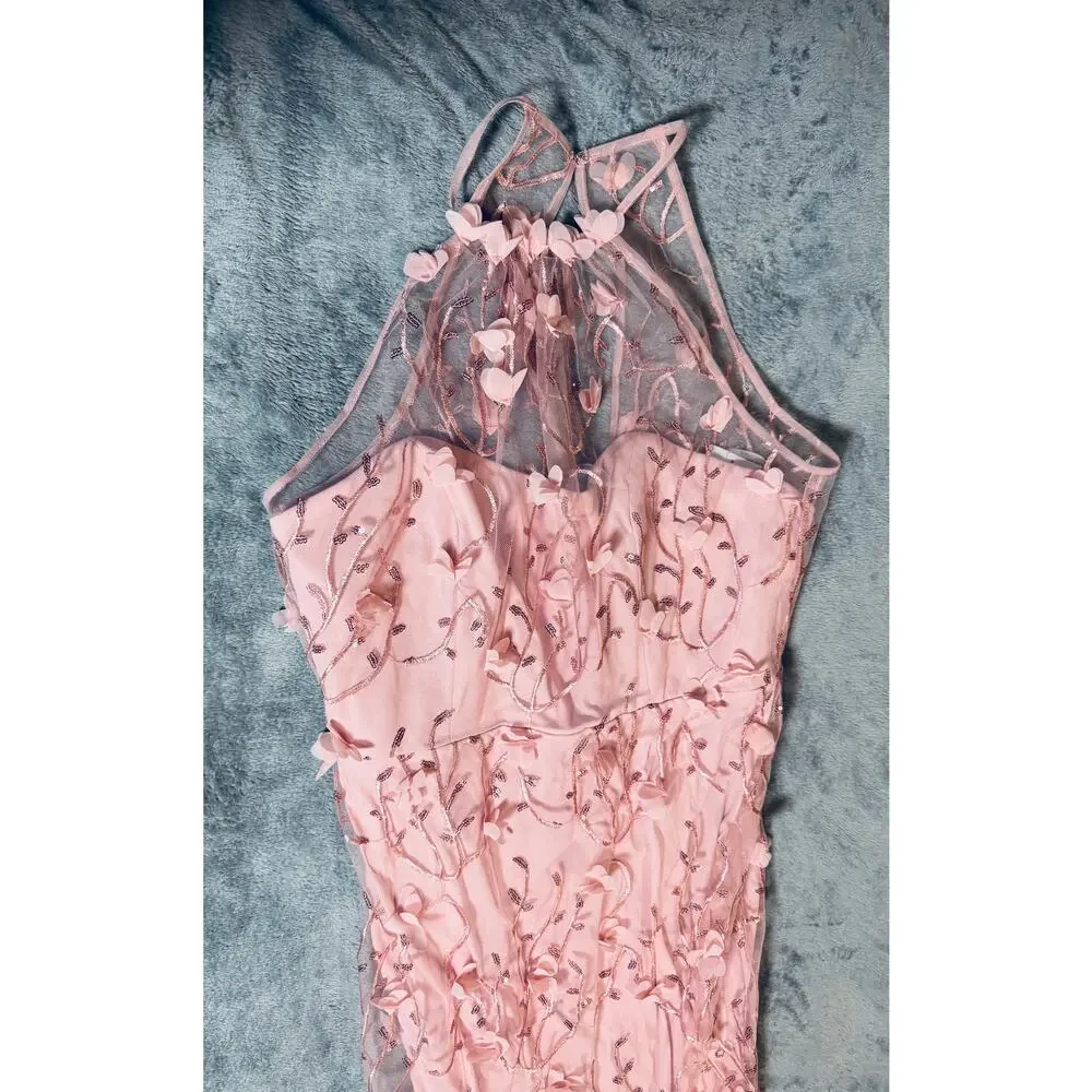 NWT Dessy SHEER HALTER NECK 3D FLORAL EMBROIDERED DRESS HIGH-LOW HEM Pink SZ 12 - Picture 8 of 12